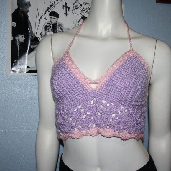 Crocheted Halter Crop Top purple festival top - Picture 4 of 6